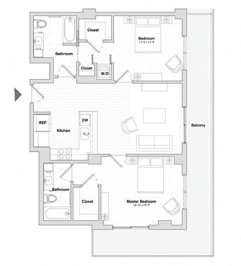Floor plan for 2 beds, 2 baths, 1108 sqft